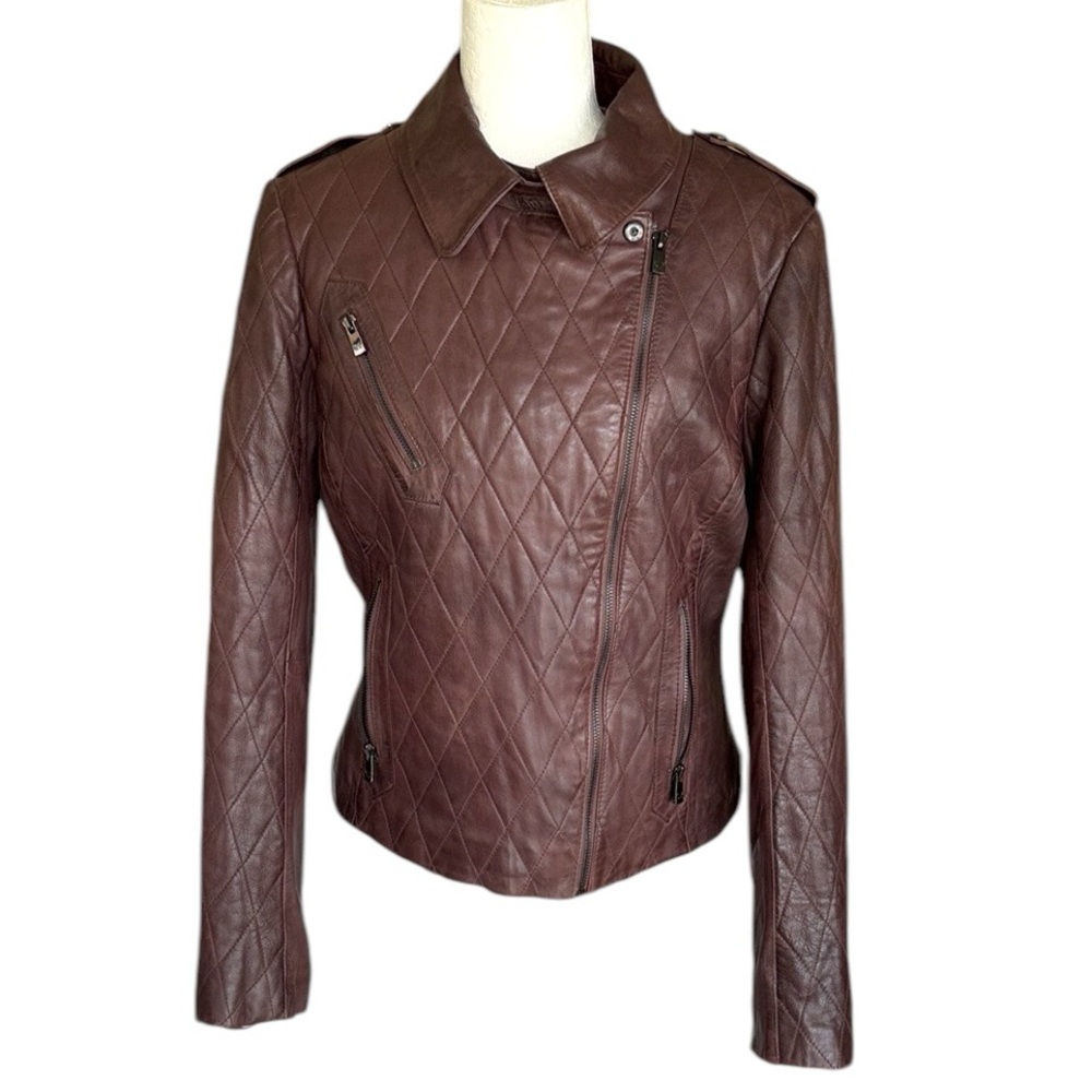 Bod & Christensen Brown Quilted Genuine Leather Motorcycle Moto Biker Jacket - L